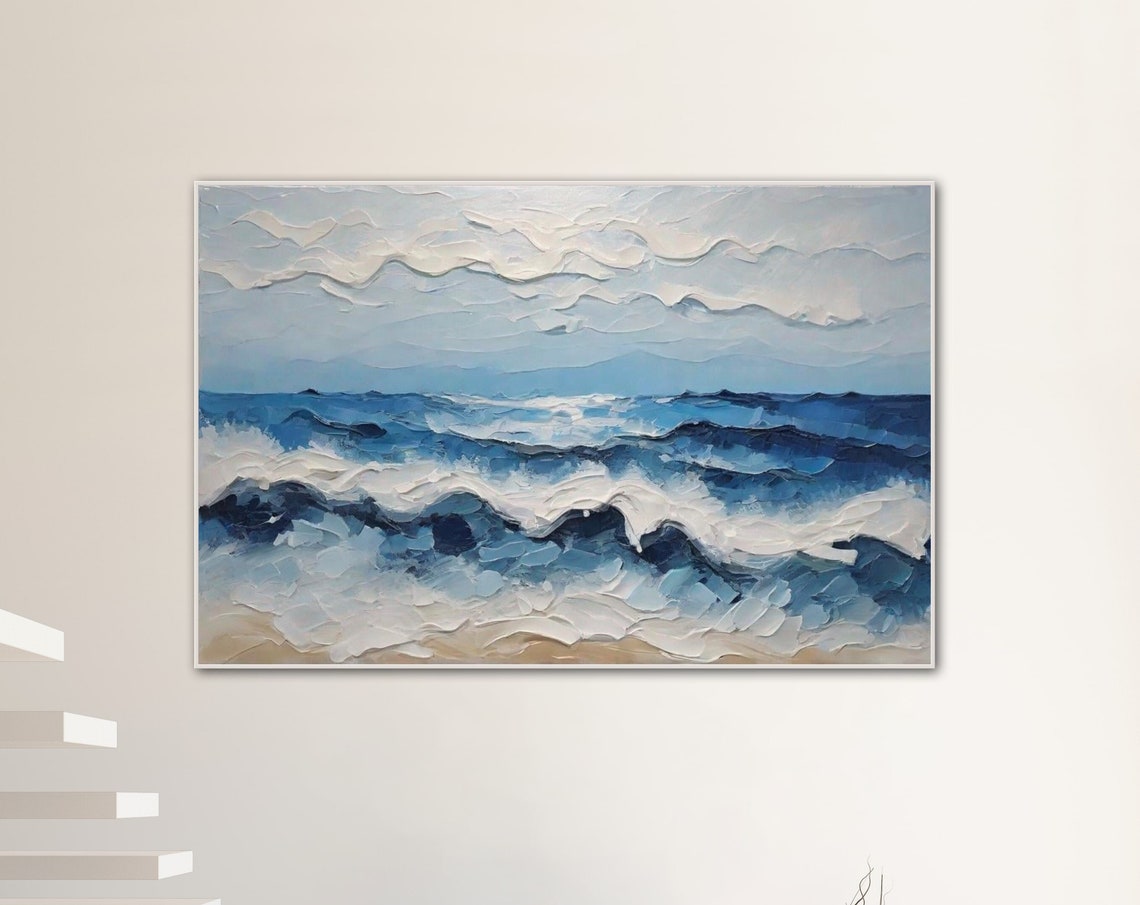 Thick Textured Blue Ocean Waves Abstract Palette Knife Poster
