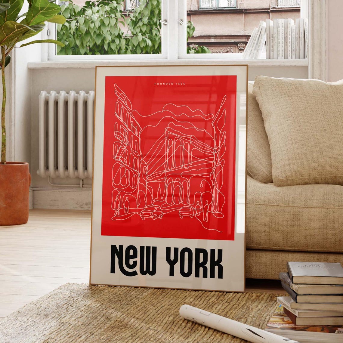 New York City Red Line Art Manhattan Bridge Minimalist Poster