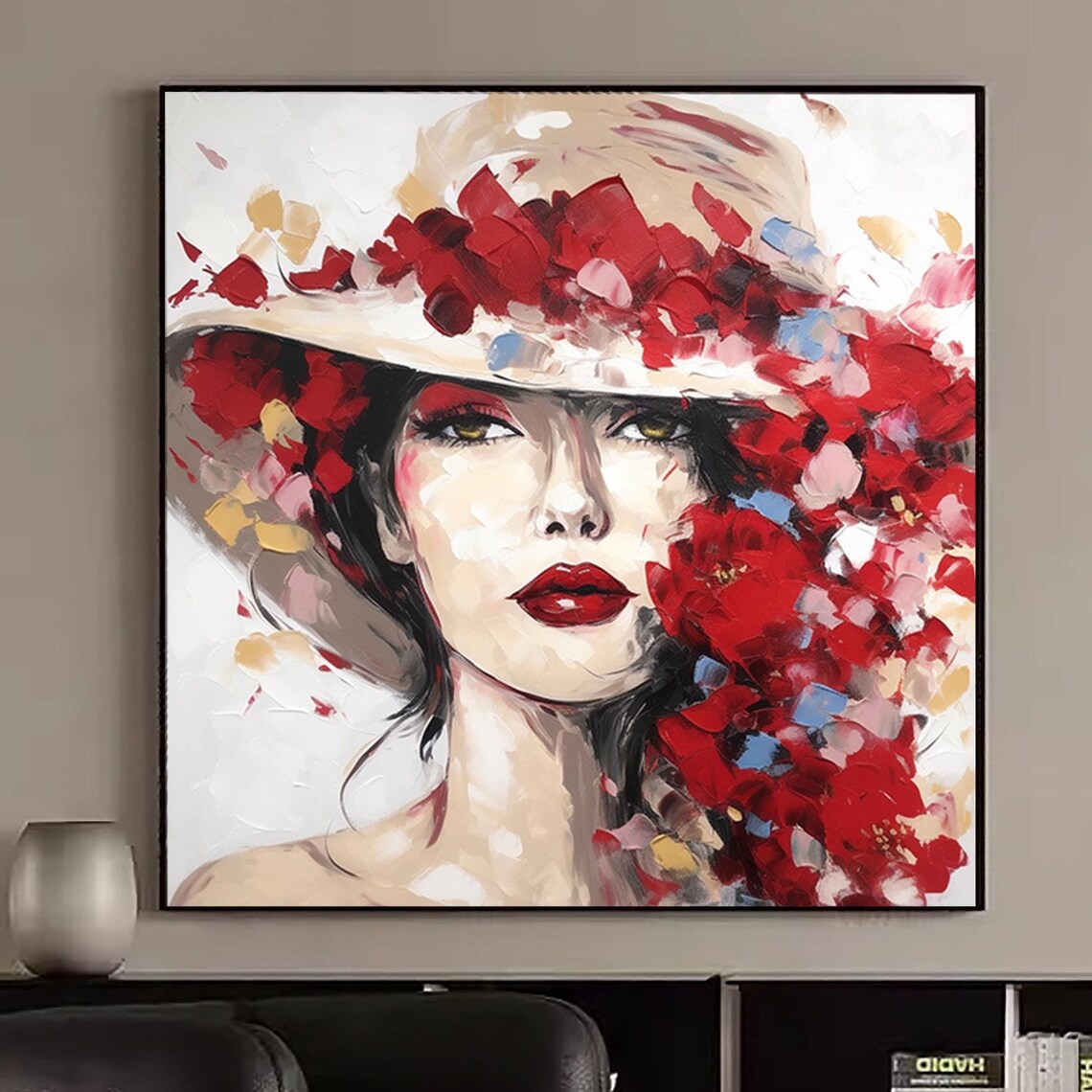 Elegant Woman Red Floral Hat Bold Red Lips Modern Abstract Portrait Poster - Image 4