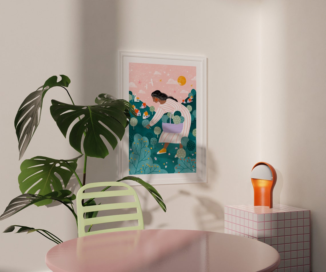 Woman Gathering Harvest Village Hillside Whimsical Illustration Poster - Image 2