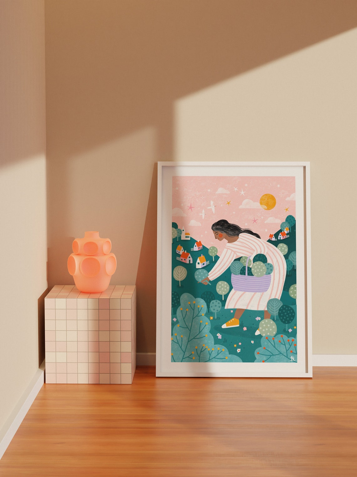 Woman Gathering Harvest Village Hillside Whimsical Illustration Poster - Image 3