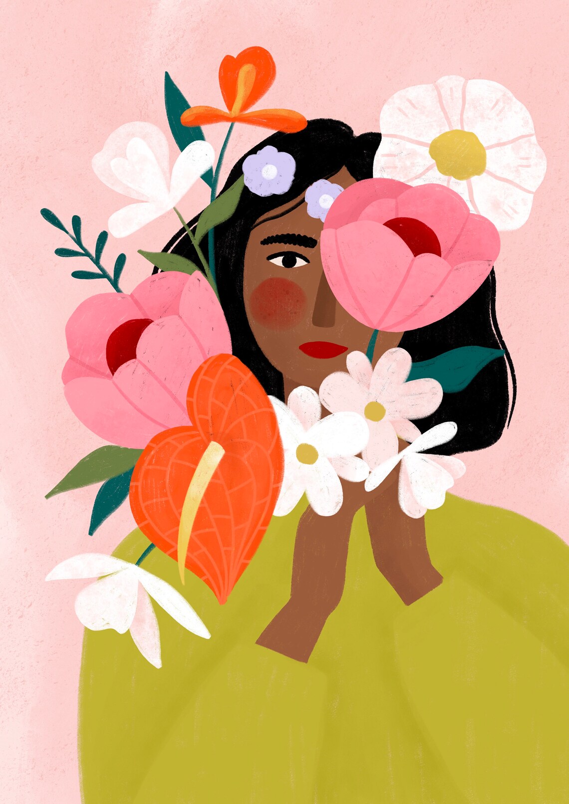 Woman Hiding Behind Flowers Botanical Art Print - Image 2
