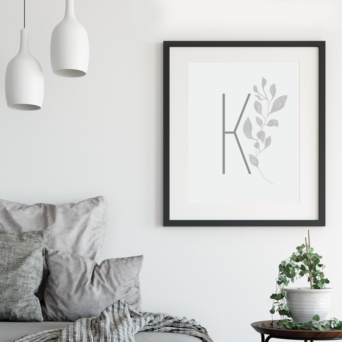 Letter K Monogram With Soft Gray Watercolor Leaves Botanical Poster