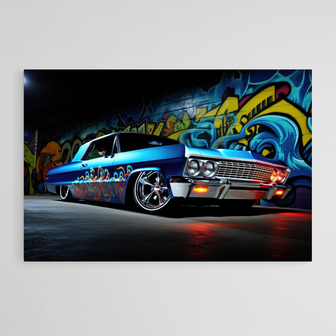 Blue Classic Lowrider with Flame Paint Job Graffiti Night Poster