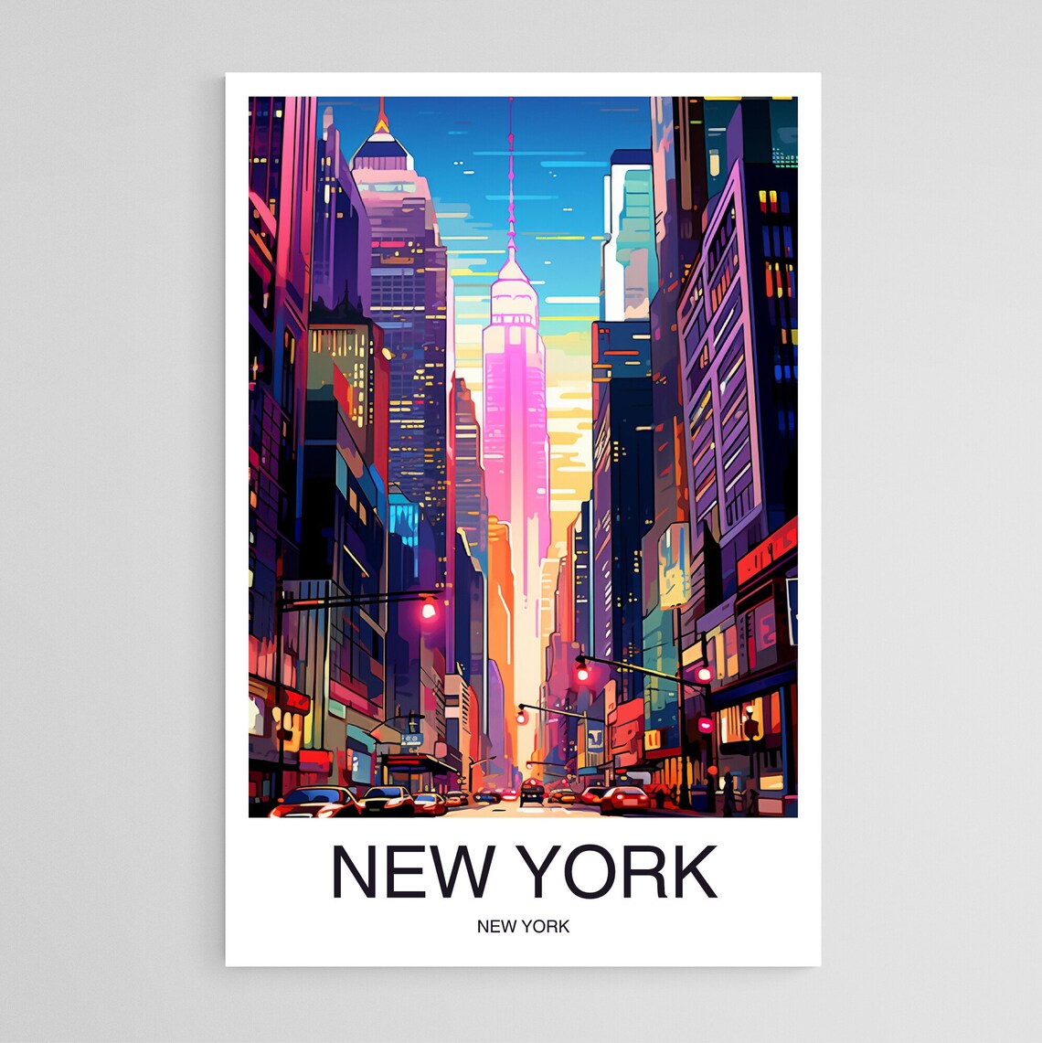 New York City Neon Street Canyon Skyline at Night Travel Poster