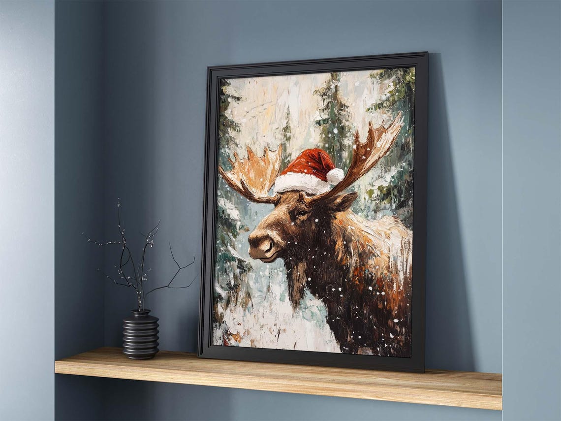 Handsome Moose Wearing a Santa Hat in Snowy Winter Forest Poster - Image 2
