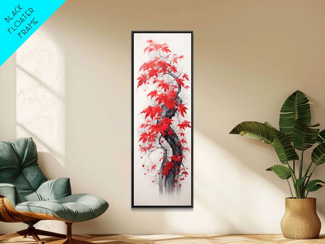 Red Japanese Maple Leaves On Twisted Trunk Ink Style Wall Art - Image 2