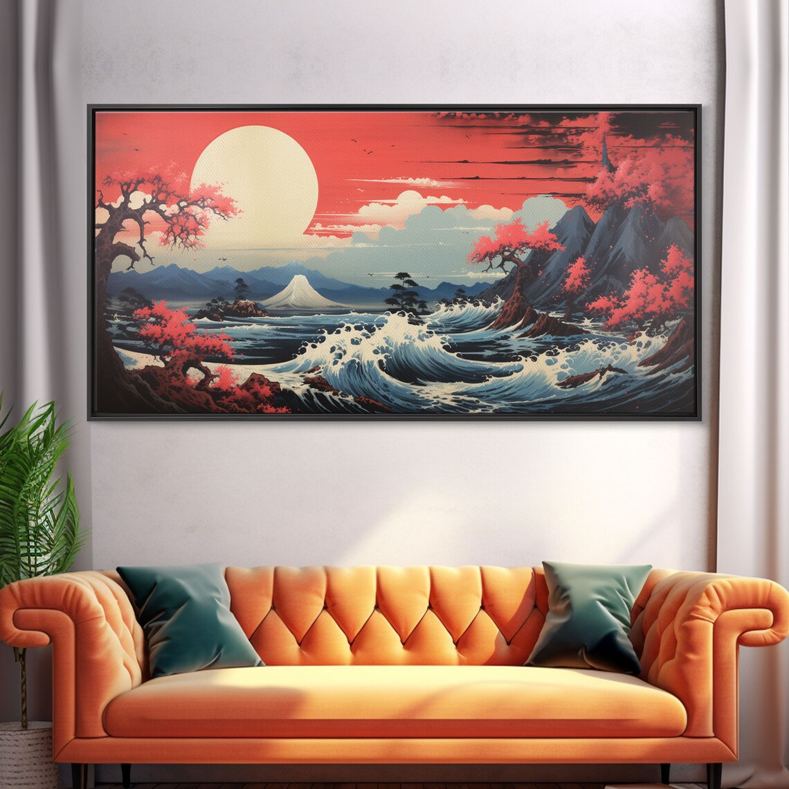 Mount Fuji Great Wave Red Sun Cherry Blossoms Japanese Woodblock Style Art Poster - Image 5