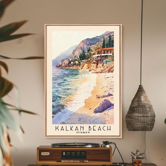 Kalkan Beach Turkey Cliffside Old Town Golden Beach Watercolor Wall Poster