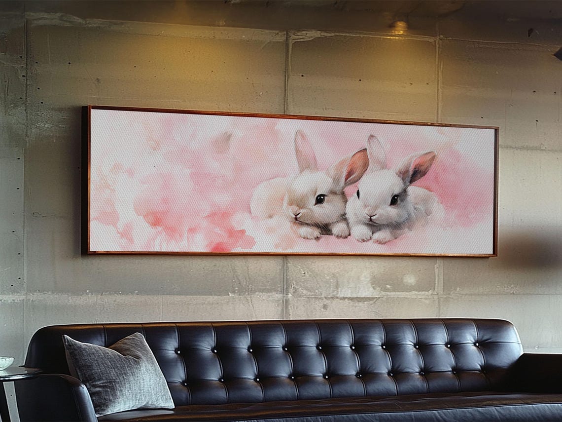 Adorable White Bunny Pair Pink Watercolor Nursery Animal Wall Art - Image 2