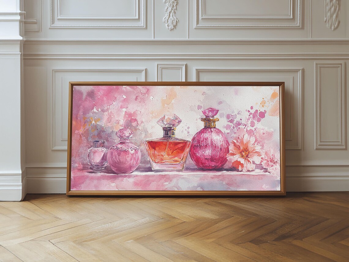 Pink Perfume Bottles Watercolor Floral Feminine Chic Vanity Wall Art Poster - Image 2