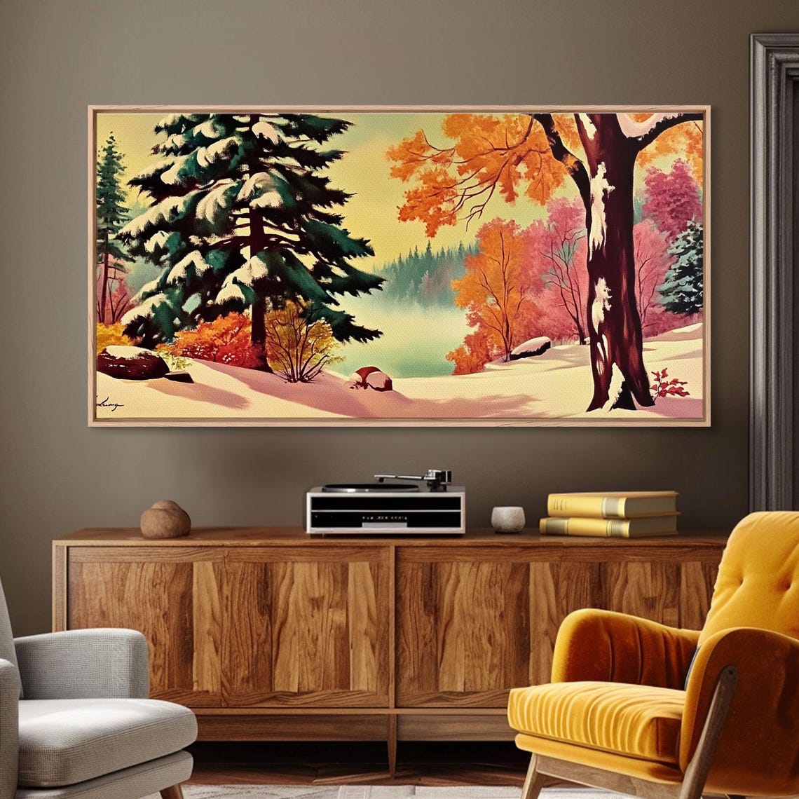 Retro 1950s Winter Landscape Snowy Pines Colorful Autumn Lake Poster - Image 2