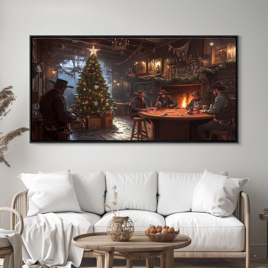 Western Saloon Christmas Cowboys Tree Fireplace Rustic Holiday Poster - Image 3