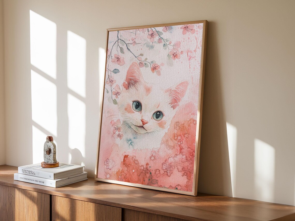 White Kitten Cherry Blossom Watercolor Cute Cat Nursery Art Poster - Image 5