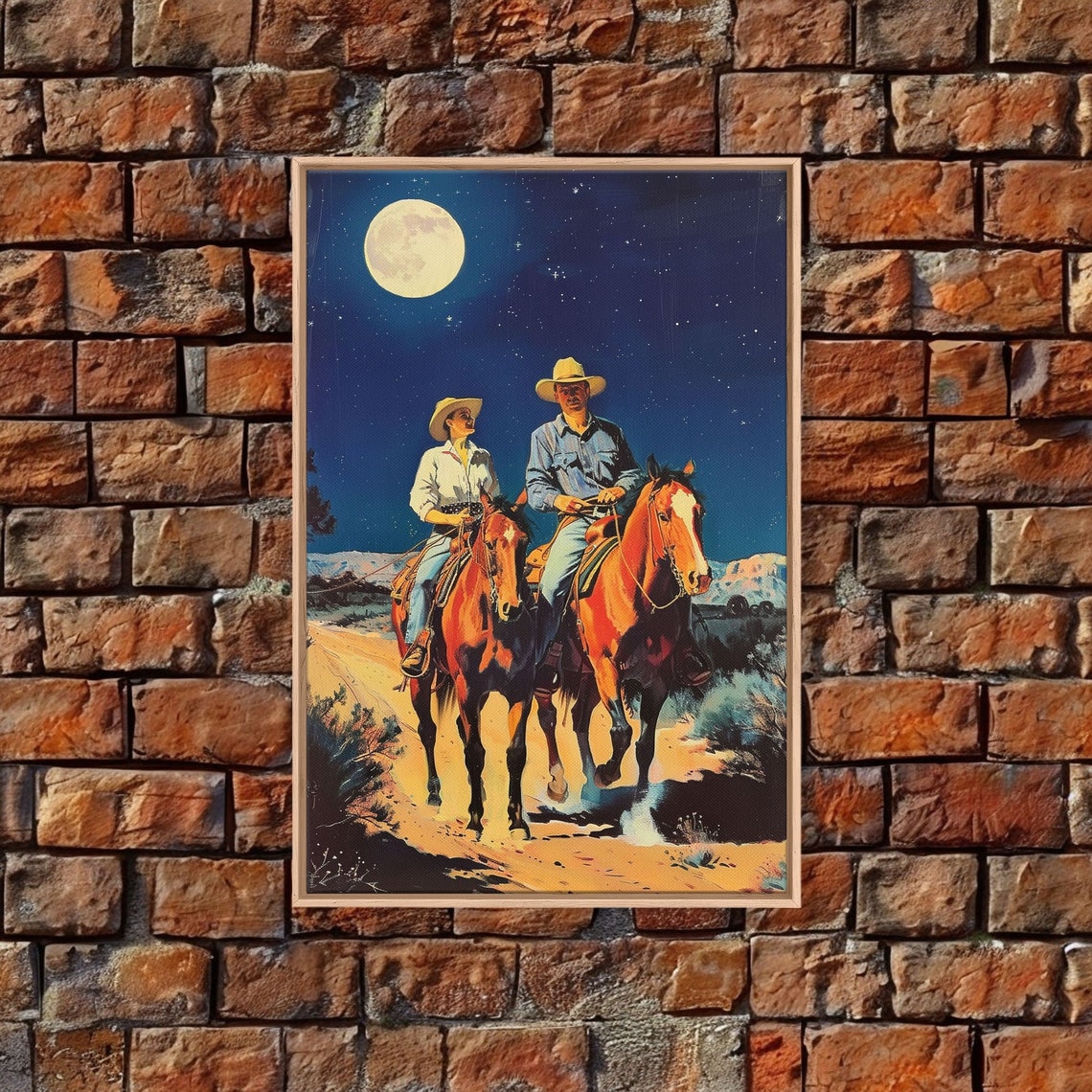 Cowboys Riding Horses Under Moonlight In Starry Night Western Poster - Image 3