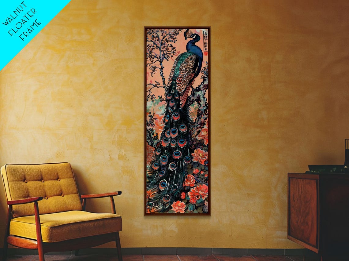 Elegant Peacock Peony Blossoms Peach Background Japanese Art Poster - Image 3