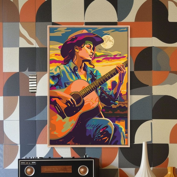 Country Cowboy Playing Guitar Under A Colorful Sunset Pop Art Style Framed Print Music Decor Country Music Art Vibrant Wall Art