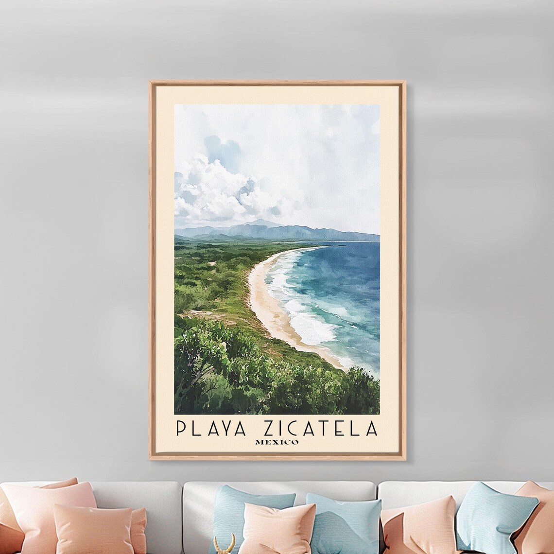 Playa Zicatela Mexico Long Surf Beach Green Hills Watercolor Travel Poster - Image 3