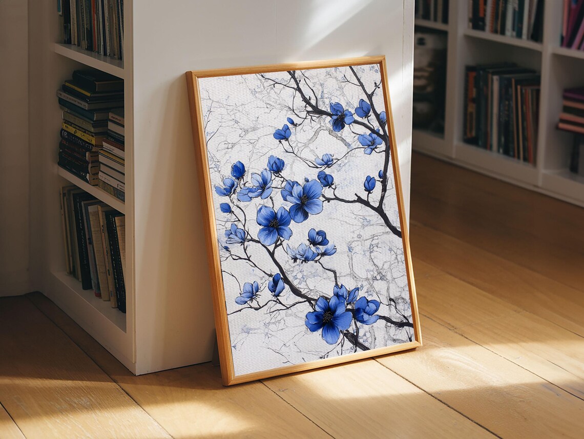 Blue Blossom Branches Wabi Sabi Japanese Floral Ink Marble Art Poster - Image 3
