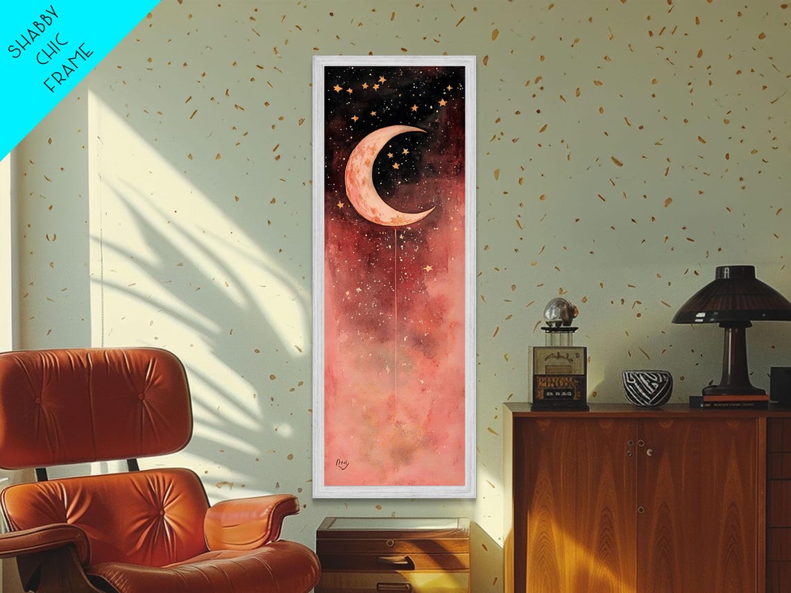 Crescent Moon Pink Starry Night Watercolor Dreamy Sky Wall Art - Image 6