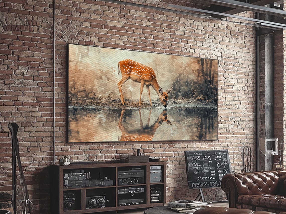 Reflection Of A Deer Drinking Water Framed Print Cute Farmhouse Wall Art Farmhouse Decor - Image 3