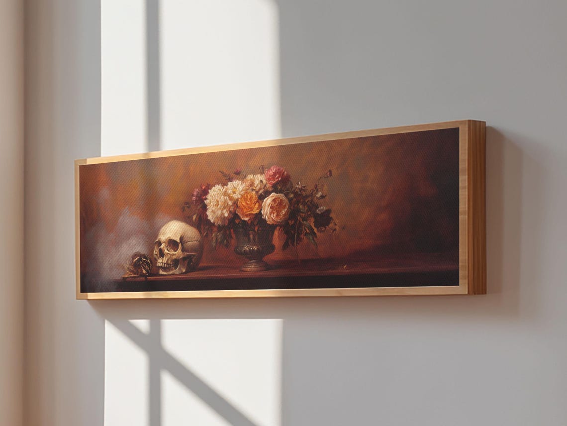 Skull Roses Gothic Still Life Dark Academia Panoramic Oil Wall Poster - Image 4