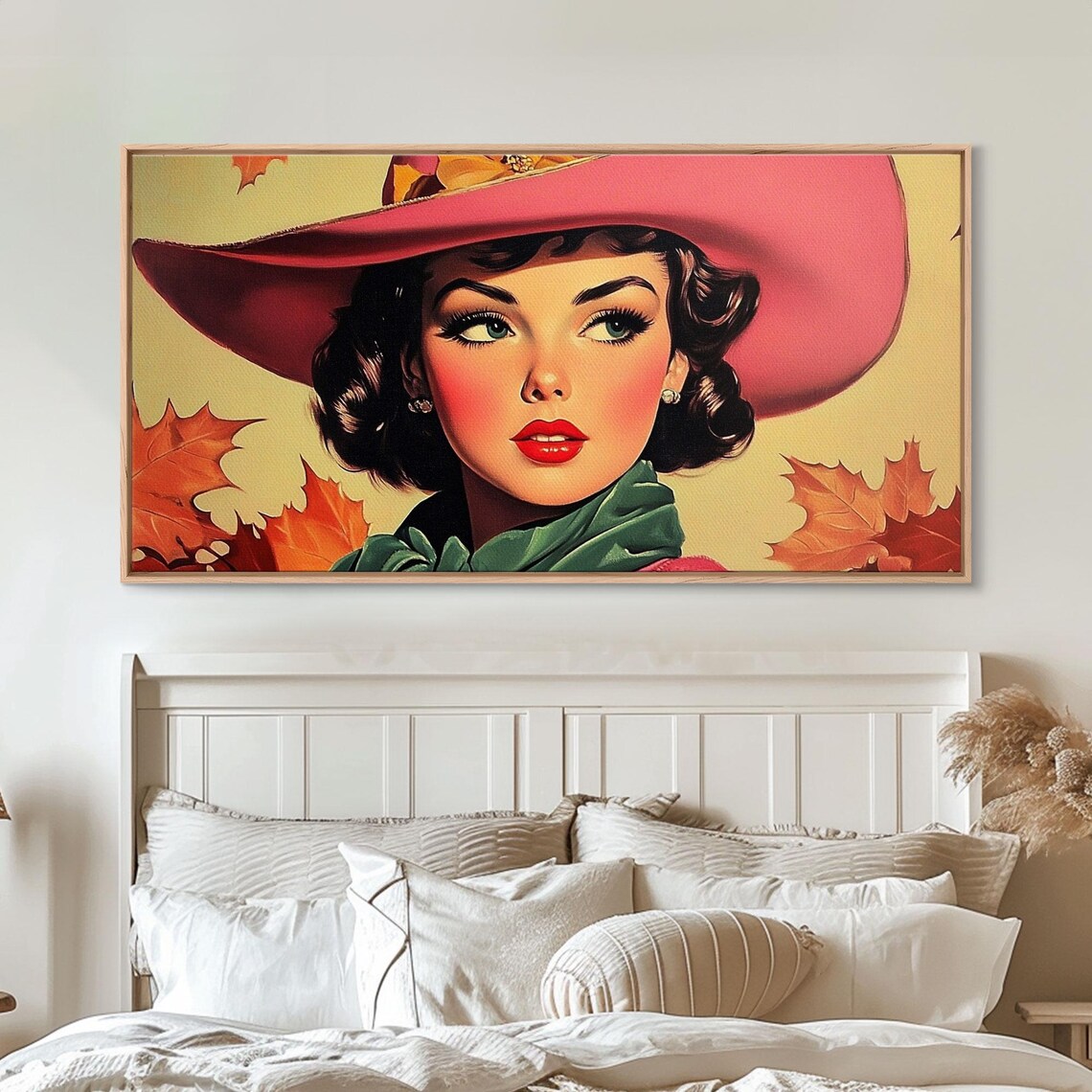 Retro Woman In A Pink Cowboy Hat Among Autumn Leaves Art Print - Image 3