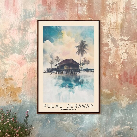 Pulau Derawan Indonesia Stilt Hut Over Calm Lagoon Palms Sunset Reflection Poster