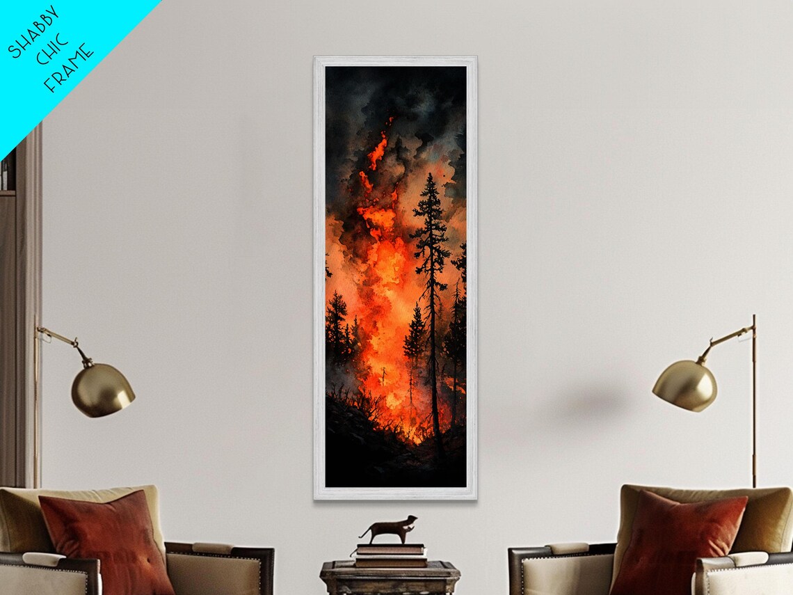 Fiery Forest Flames Print Dark Moody Art Forest Fire Scene Dramatic Wall Art Wabi Sabi Wall Art Above Bed Decor Rustic Wall Art - Image 4