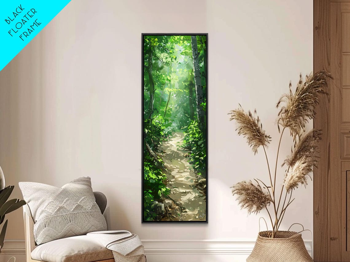 Sunlit Birch Forest Pathway Green Woodland Painting Wall Print - Image 6