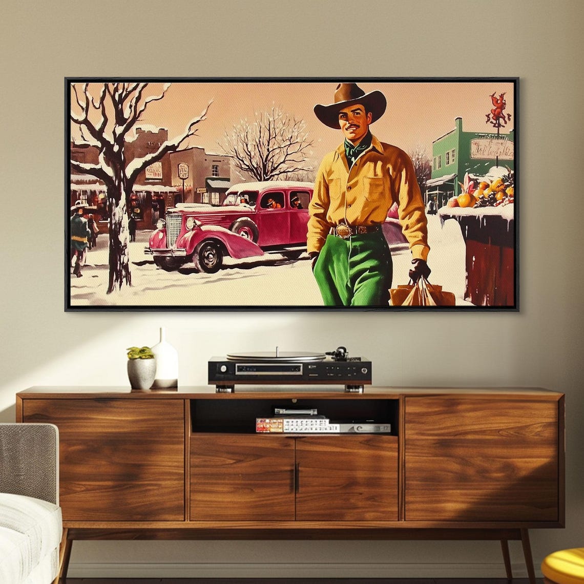 Retro 1950s Cowboy Strolling Snowy Small Town Street Christmas Poster - Image 3