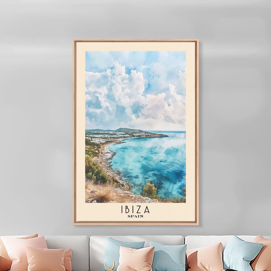 Ibiza Spain Mediterranean Coastline Aerial Bay View Watercolor Poster - Image 3