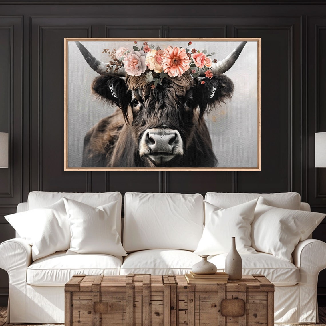 Framed Wall Art Cute Cow Wearing Flowers Farmhouse Decor Farmhouse Wall At Extra Large Boho Decor Modern Art Minimalist Rustic - Image 3