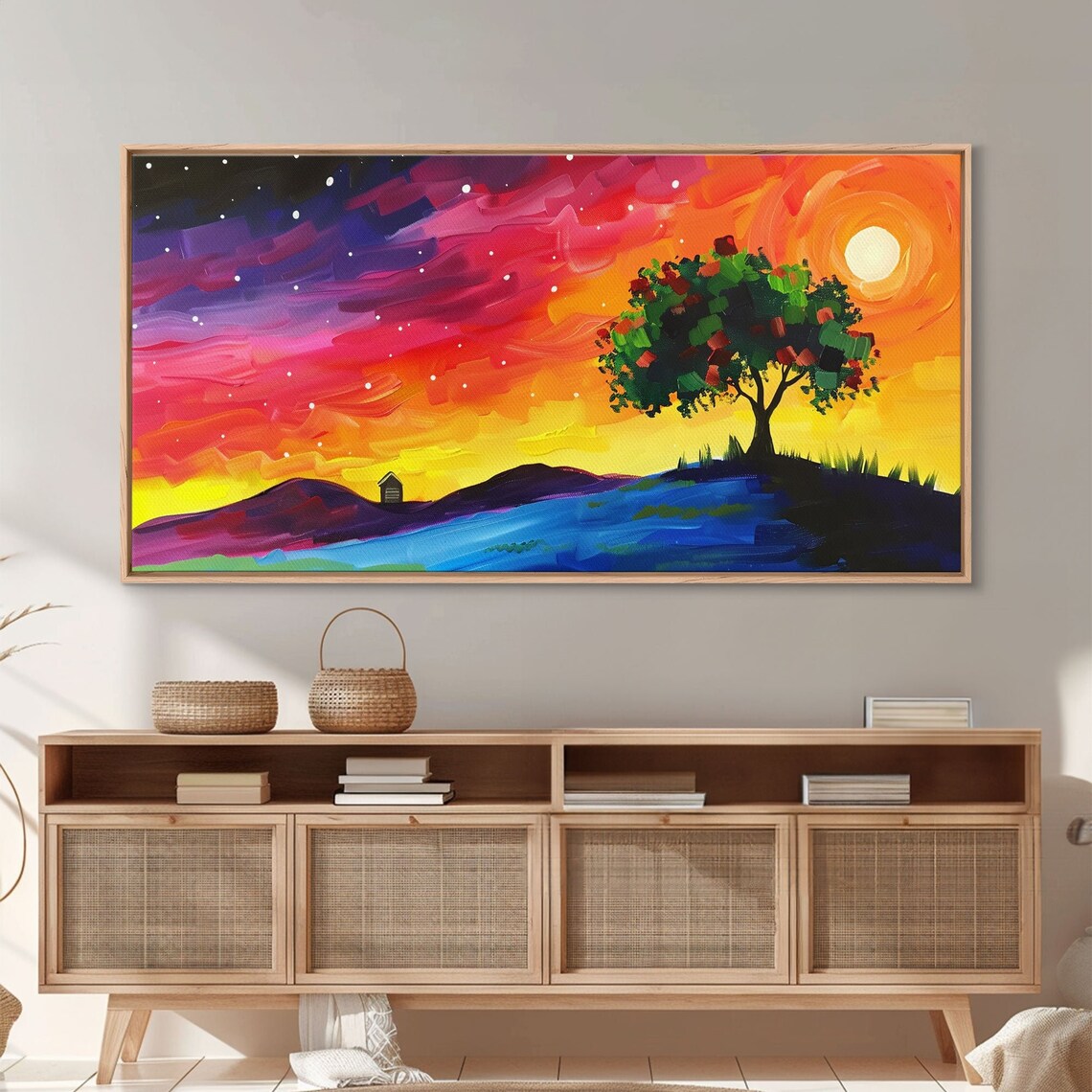 Vibrant Tree Under Starry Sunset Sky Colorful Abstract Hillside Landscape Poster - Image 3