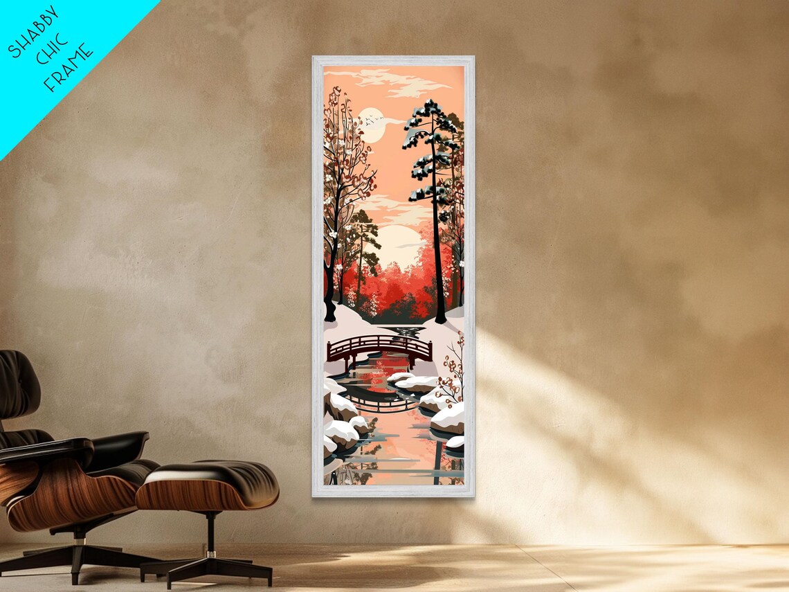 Japanese Winter Red Bridge Snow Pines Serene Landscape Art Poster - Image 2