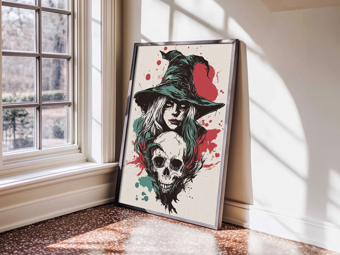 Witch Skull Portrait Dark Gothic Teal Graphic Style Halloween Wall Art Poster - Image 4