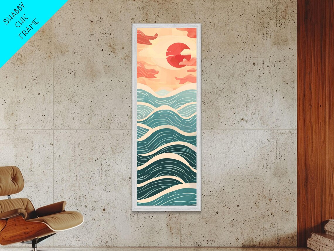 Red Sun Over Layered Teal Ocean Waves Japanese Seigaiha Style Tall Poster - Image 5