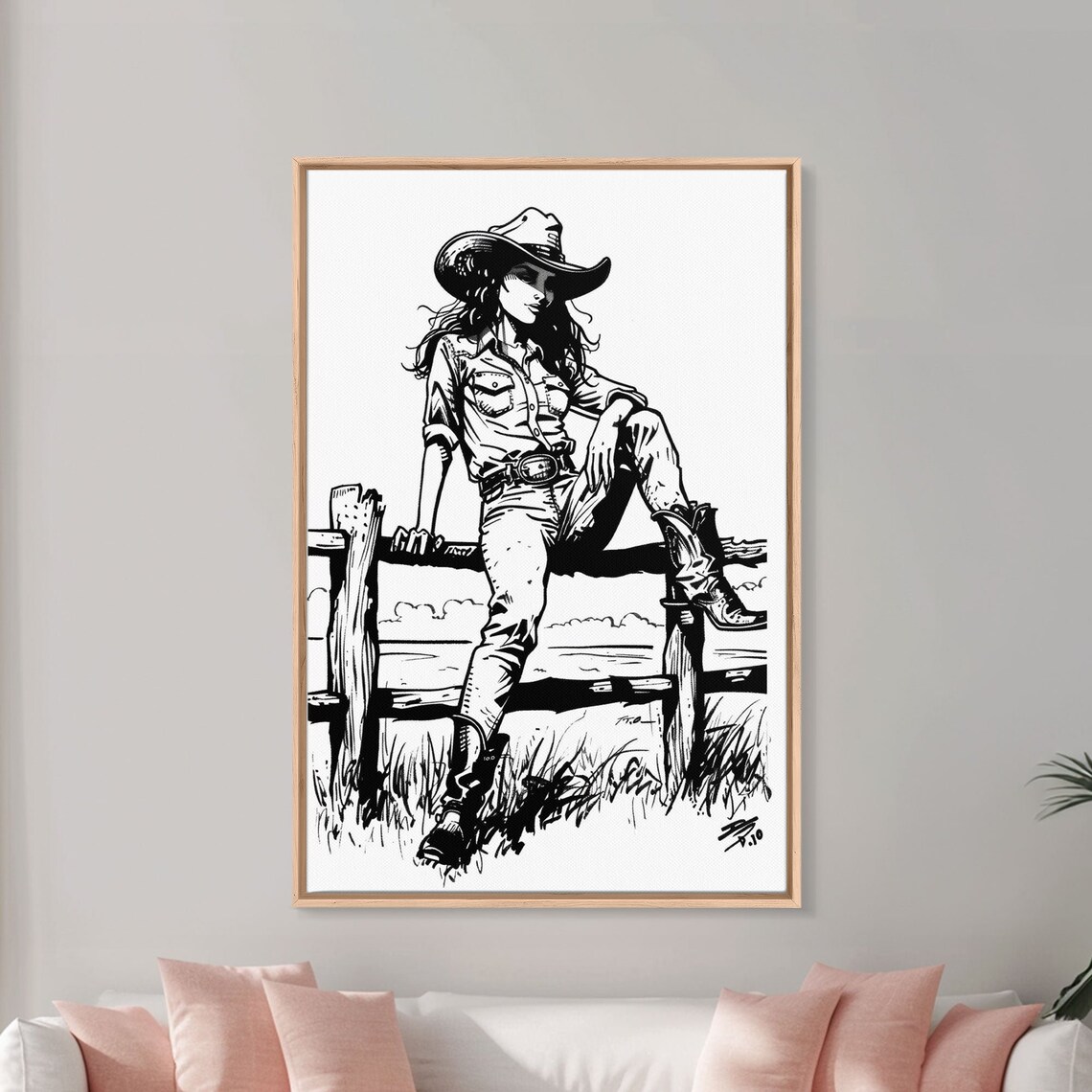 Cowgirl Sitting Fence Black White Line Art Western Ranch Wall Print