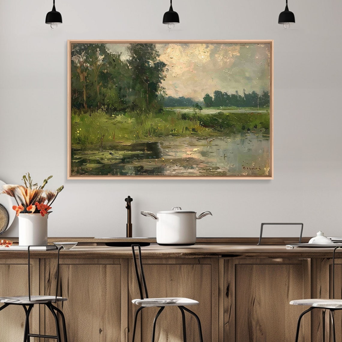 Vintage Wetland Lake Trees Impressionist Oil Painting Landscape Print - Image 3