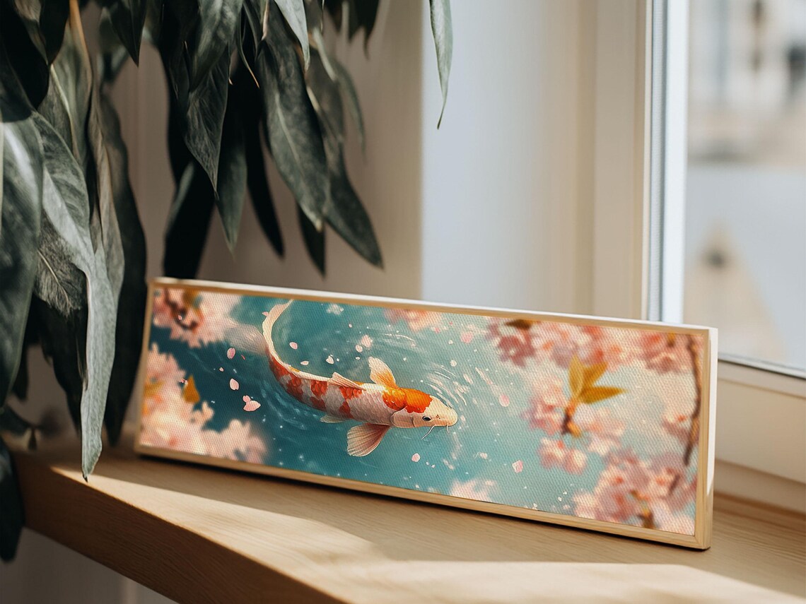 Koi Fish Cherry Blossom Panoramic Painting Orange White Swimming Turquoise Poster - Image 5