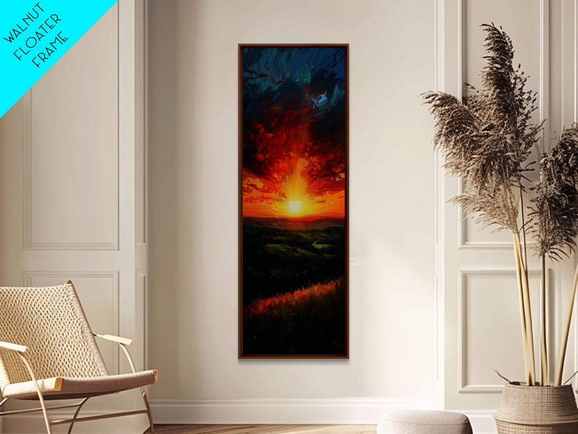Dramatic Red Sunset Over Dark Hills Impasto Night Sky Landscape Poster - Image 4
