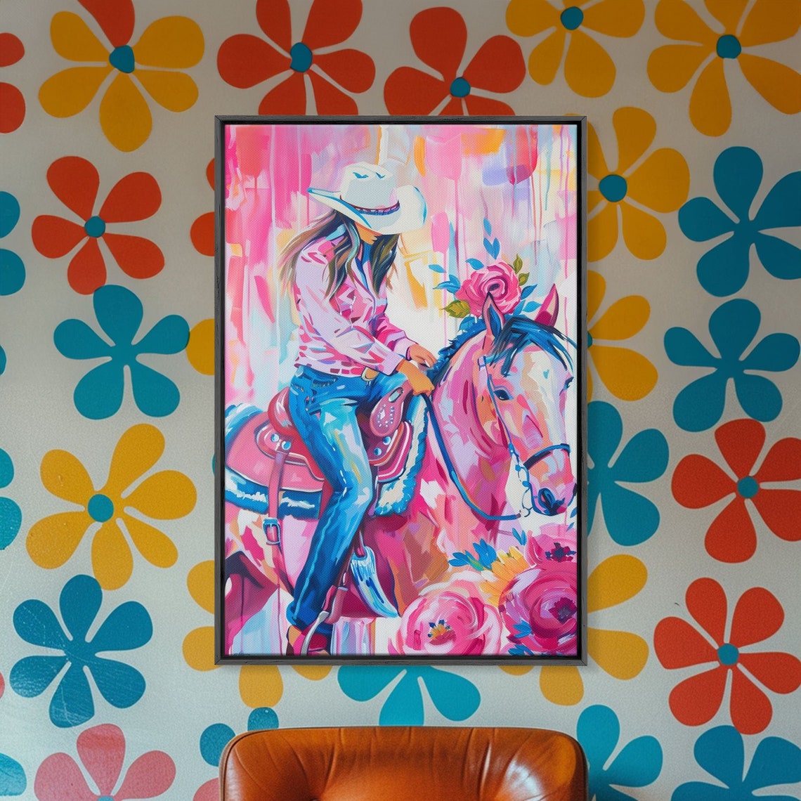 Cowgirl With Floral Horse Colorful Western Art Framed Print Living Room Decor Cowgirl Painting Vibrant Wall Art