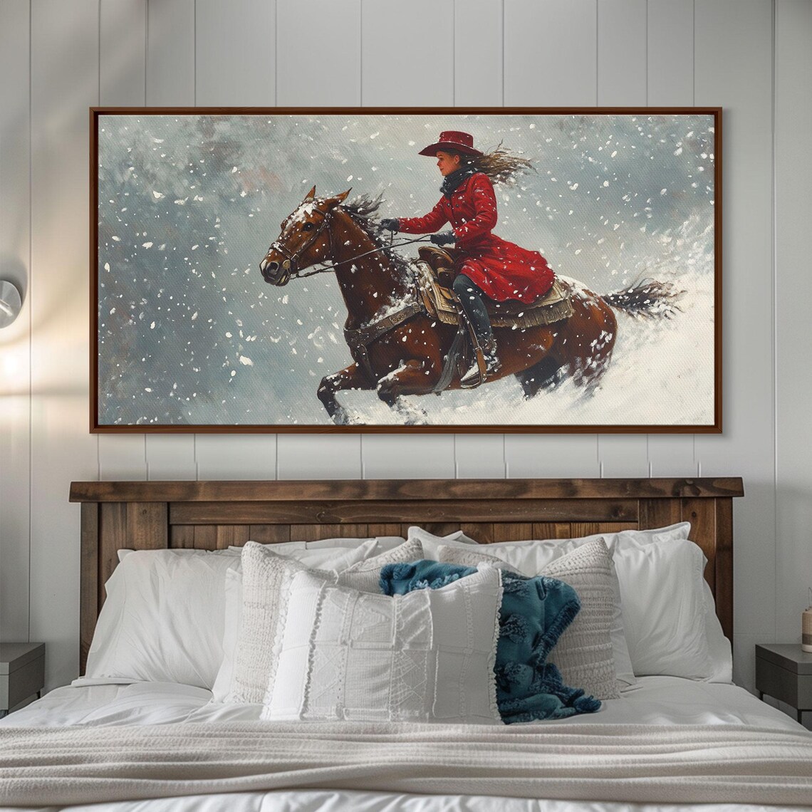 Cowgirl In Red Coat Galloping Through A Snowstorm Western Art Poster - Image 4