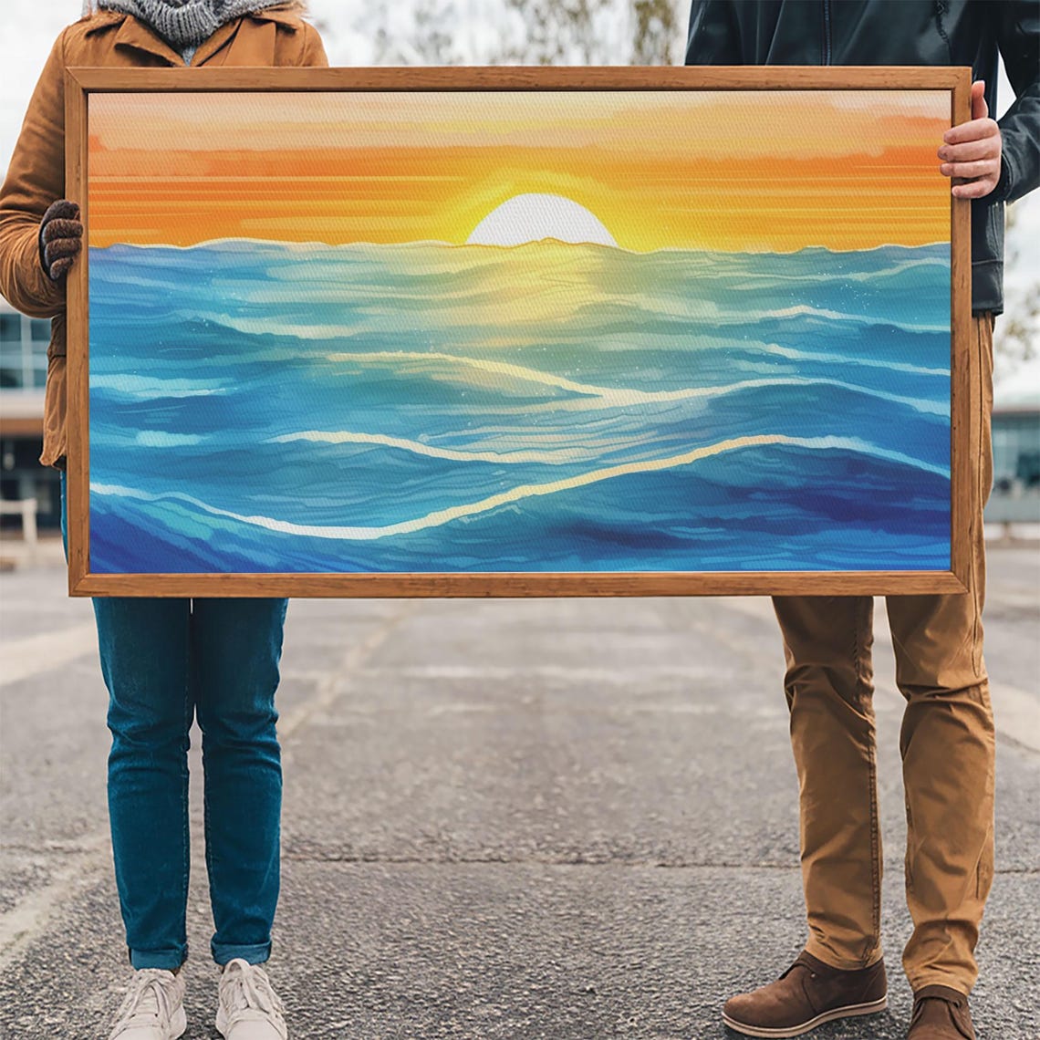 Ocean Sunset Seascape Watercolor Waves Golden Horizon Wall Art - Image 3