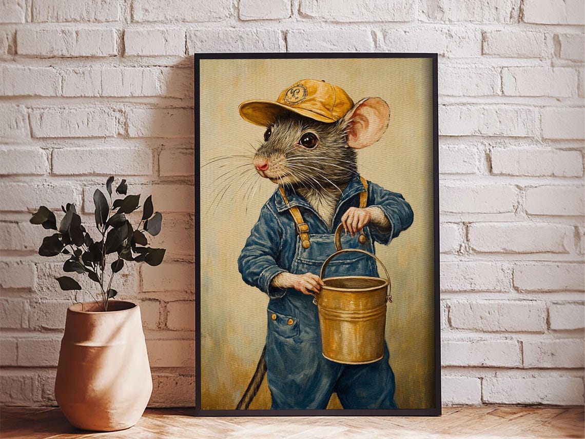 Cute Rat Handyman Overalls Bucket Whimsical Storybook Animal Art Print - Image 4