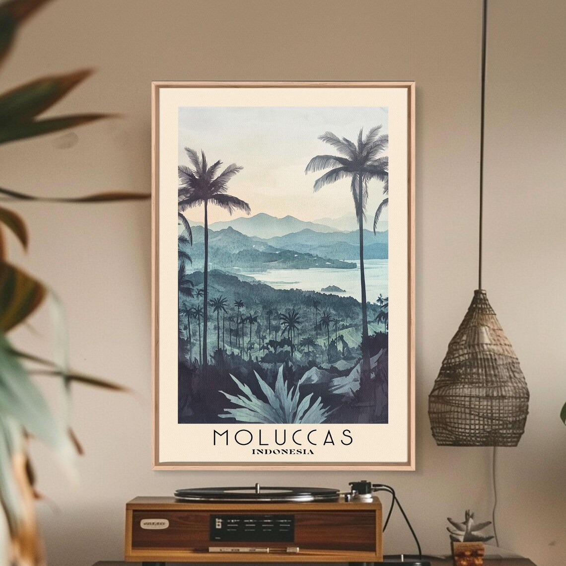 Moluccas Indonesia Misty Jungle Mountains Palm Silhouette Watercolor Poster - Image 2
