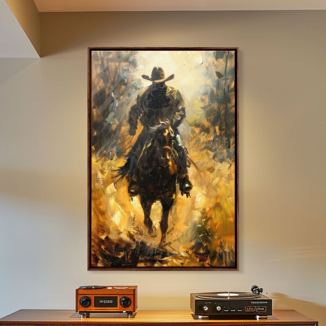 Cowboy Riding Into Golden Light In Impressionist Western Art Poster - Image 3