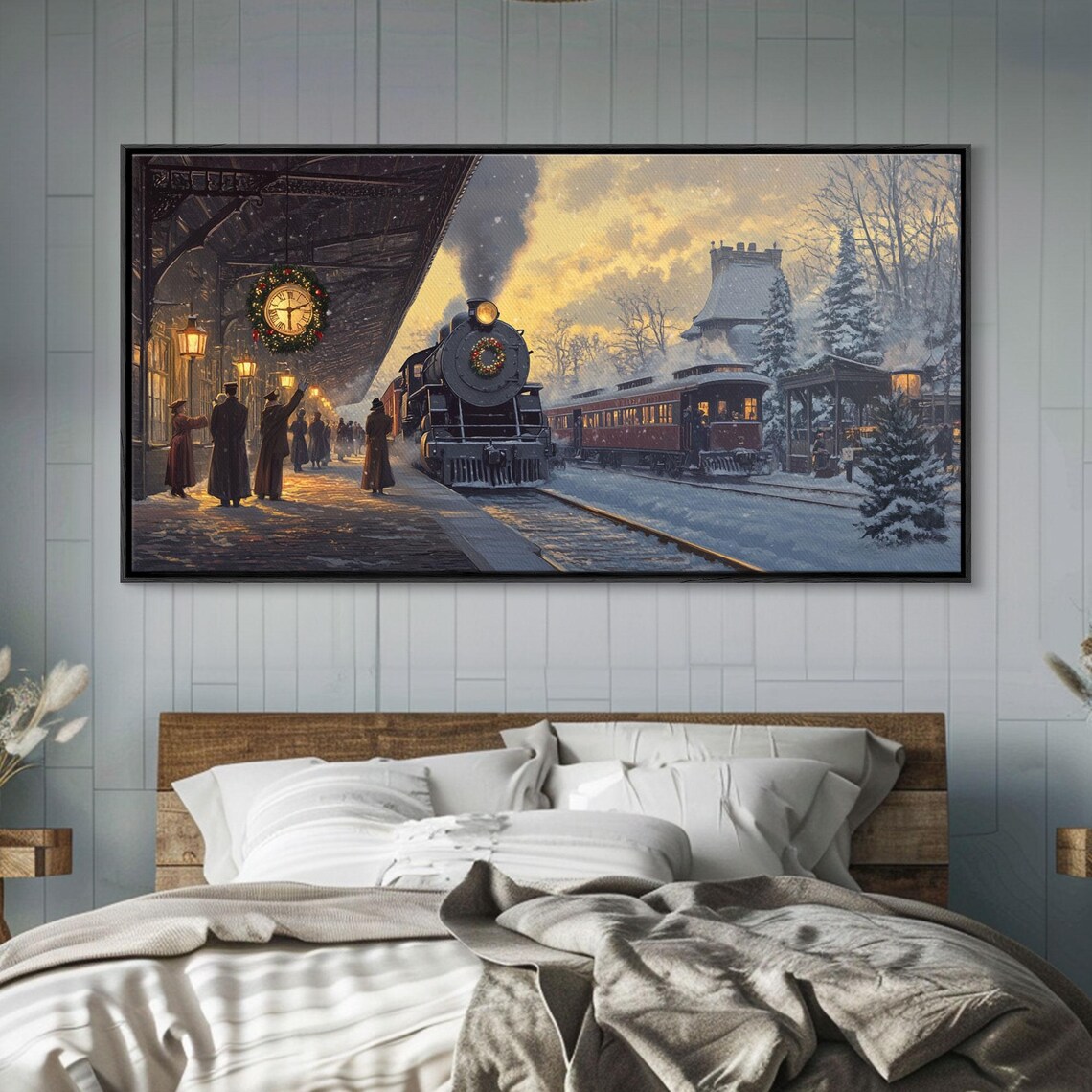 Vintage Christmas Train Station Snowy Steam Locomotive Night Poster - Image 3