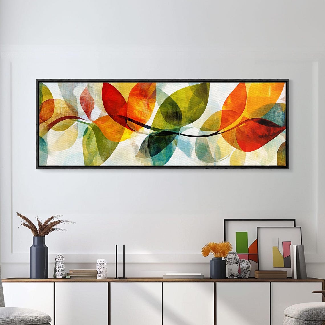 Abstract Floral Leaves Watercolor Red Orange Green Modern Wall Art