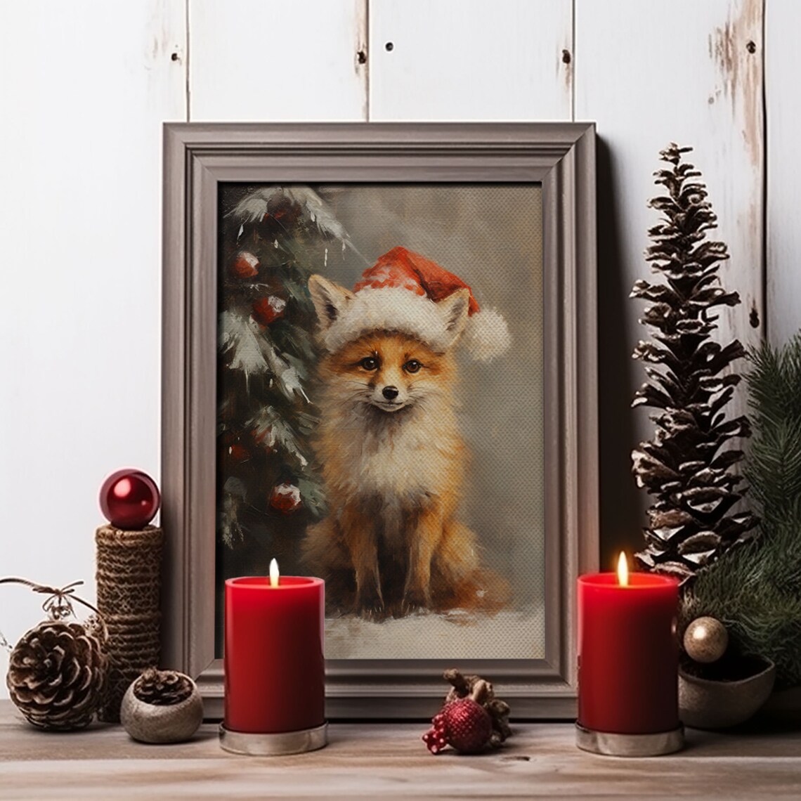 Cute Fox Wearing Santa Hat In Snow Christmas Painting Wall Art Poster - Image 3